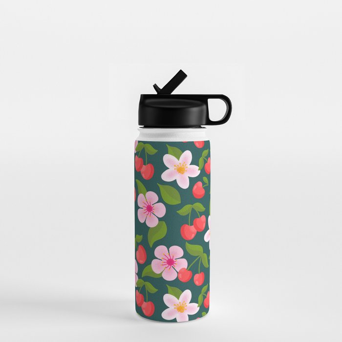 Cherry Pattern on Dark Teal Water Bottle Gallery Image 1