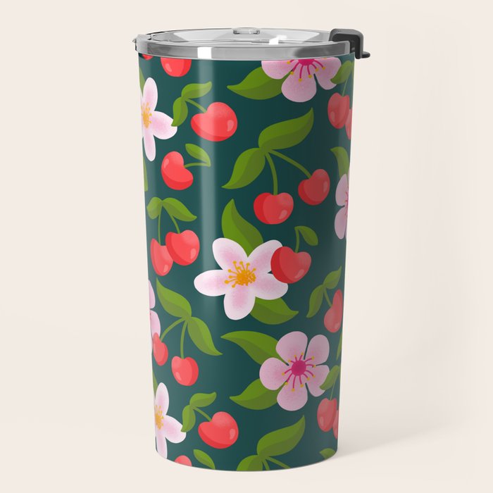 Cherry Pattern on Dark Teal Travel Mug Gallery Image 2