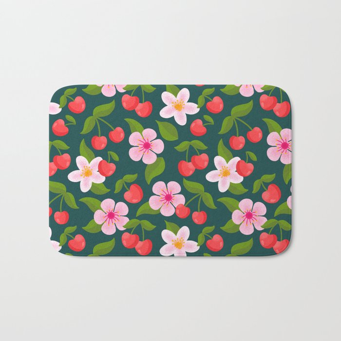 Cherry Pattern on Dark Teal Bath Mat Gallery Image 1
