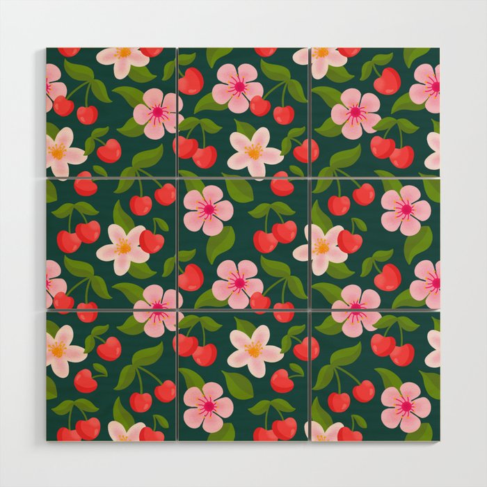Cherry Pattern on Dark Teal Wood Wall Art Gallery Image 1