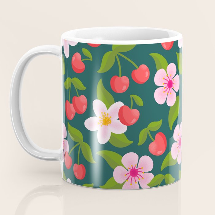 Cherry Pattern on Dark Teal Coffee Mug Gallery Image 3
