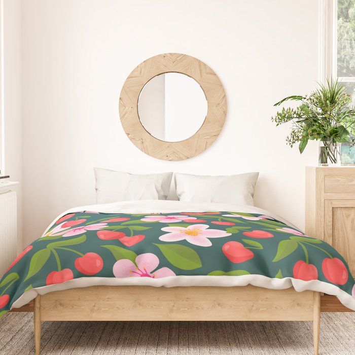 Cherry Pattern on Dark Teal Duvet Cover Gallery Image 3
