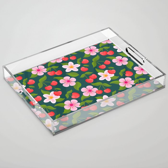 Cherry Pattern on Dark Teal Acrylic Tray Gallery Image 1