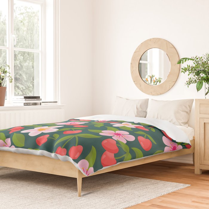 Cherry Pattern on Dark Teal Duvet Cover Gallery Image 2