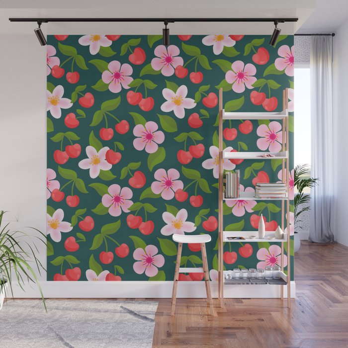 Cherry Pattern on Dark Teal Wall Mural Gallery Image 1