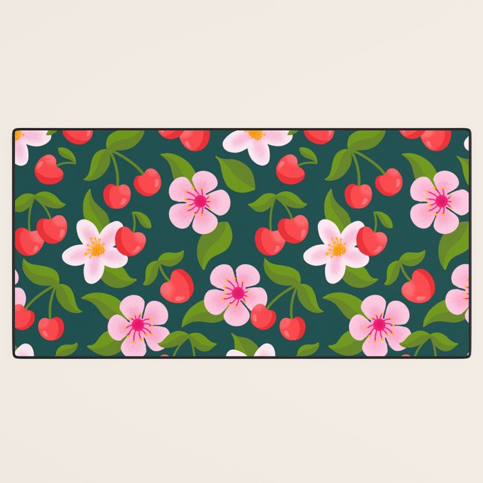 Cherry Pattern on Dark Teal Desk Mat Gallery Image 3