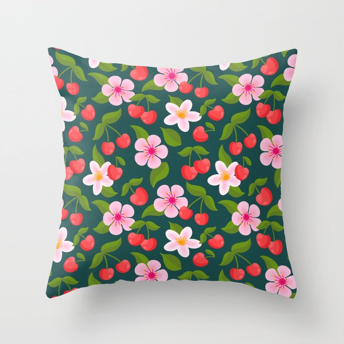 Cherry Pattern on Dark Teal Throw Pillow Gallery Image 6
