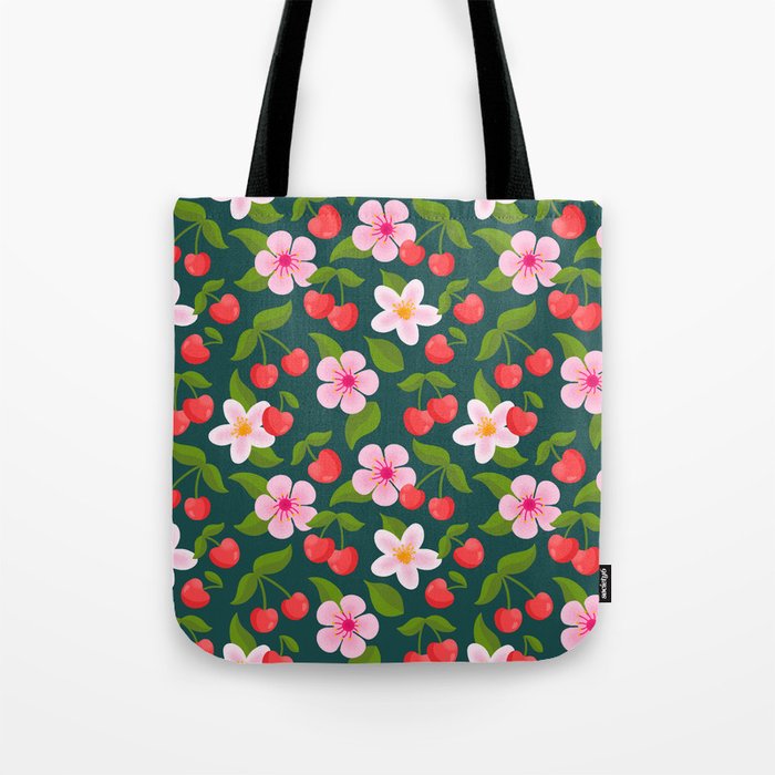 Cherry Pattern on Dark Teal Tote Bag Gallery Image 1