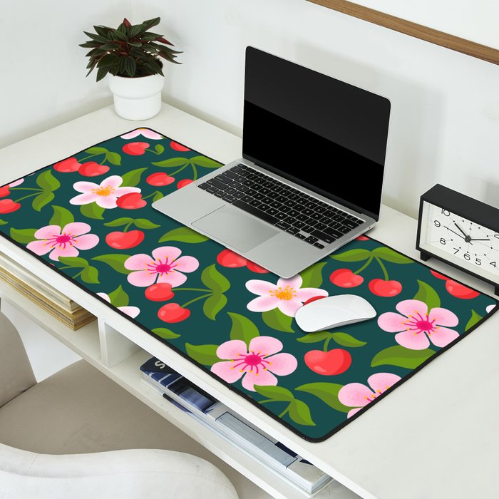 Cherry Pattern on Dark Teal Desk Mat Gallery Image 2