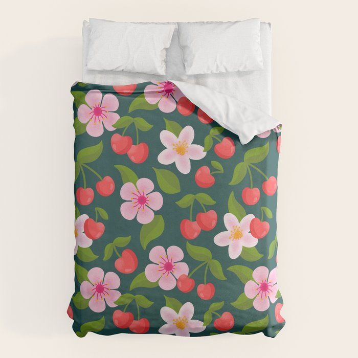 Cherry Pattern on Dark Teal Duvet Cover Gallery Image 6