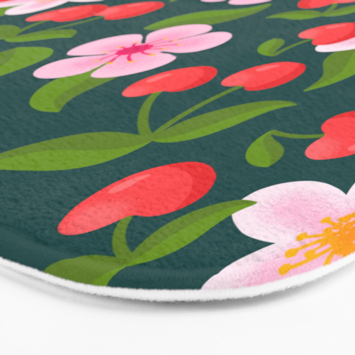 Cherry Pattern on Dark Teal Bath Mat Gallery Image 3