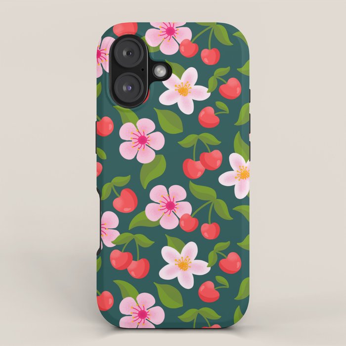 Cherry Pattern on Dark Teal iPhone Case Gallery Image 1