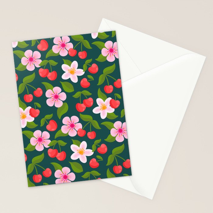 Cherry Pattern on Dark Teal Stationery Card Gallery Image 2