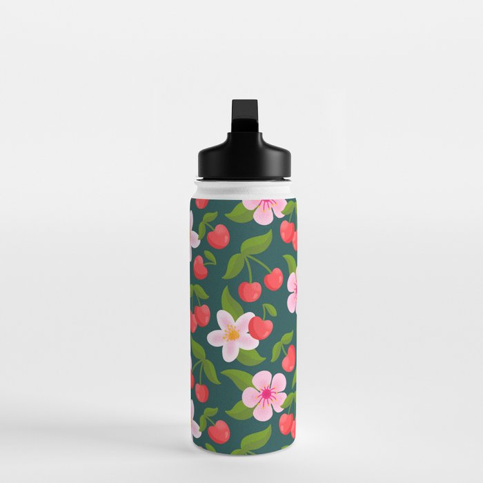 Cherry Pattern on Dark Teal Water Bottle Gallery Image 3