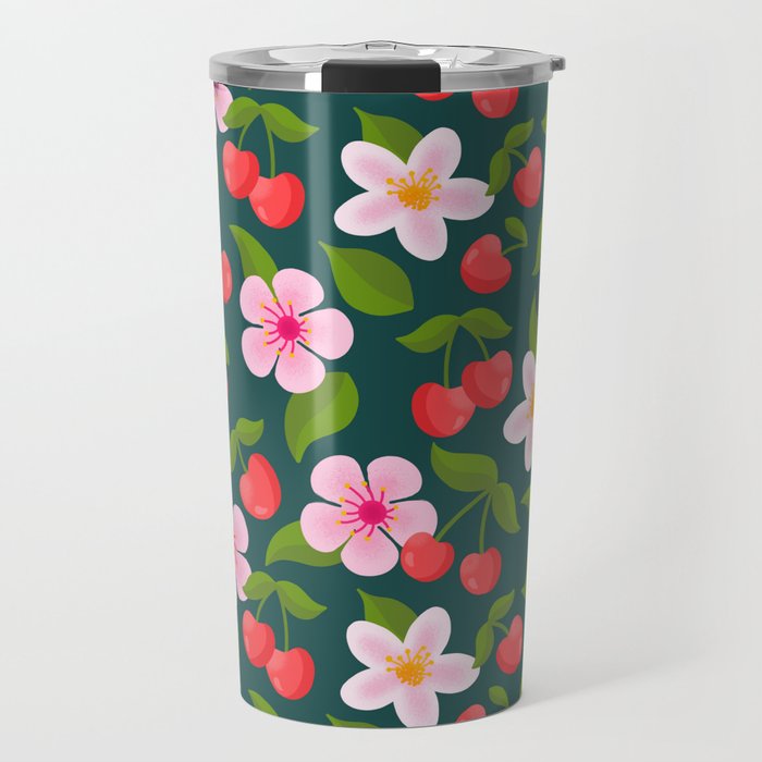 Cherry Pattern on Dark Teal Travel Mug Gallery Image 1