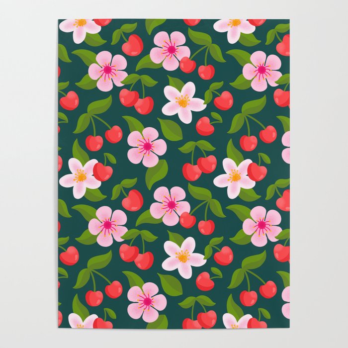 Cherry Pattern on Dark Teal Poster Gallery Image 4
