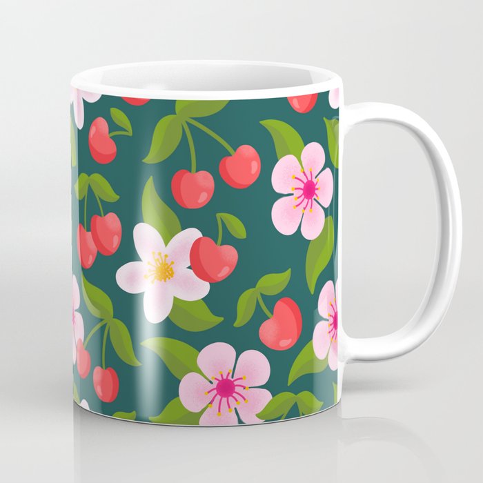 Cherry Pattern on Dark Teal Coffee Mug Gallery Image 1