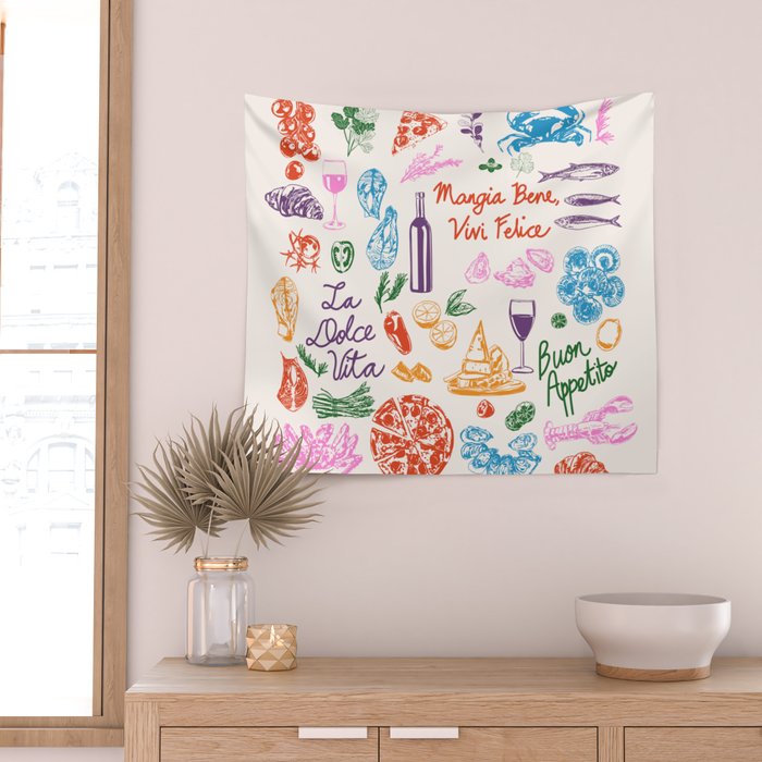La Dolce Vita Italian Food Doodles Illustration Wall Tapestry Gallery Image 2