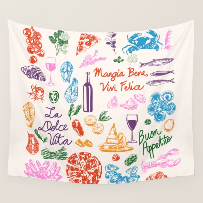 La Dolce Vita Italian Food Doodles Illustration Wall Tapestry Gallery Image 1