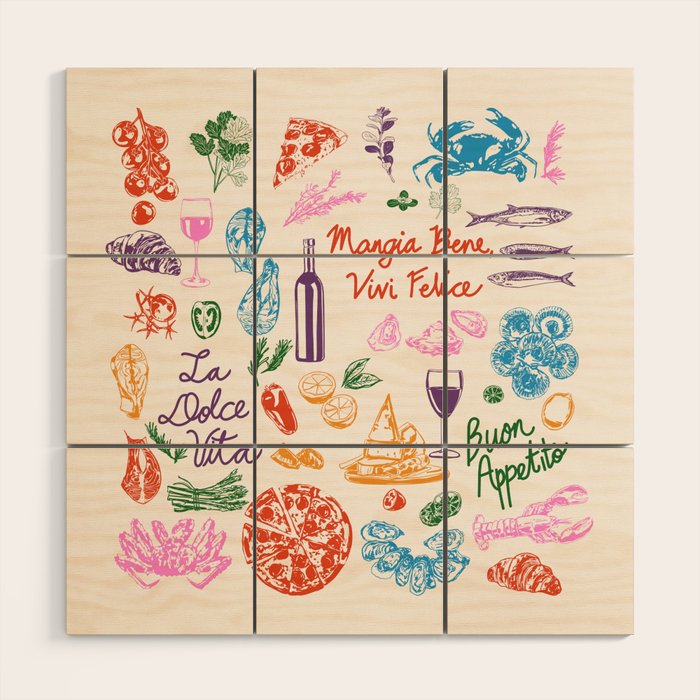 La Dolce Vita Italian Food Doodles Illustration Wood Wall Art Gallery Image 1