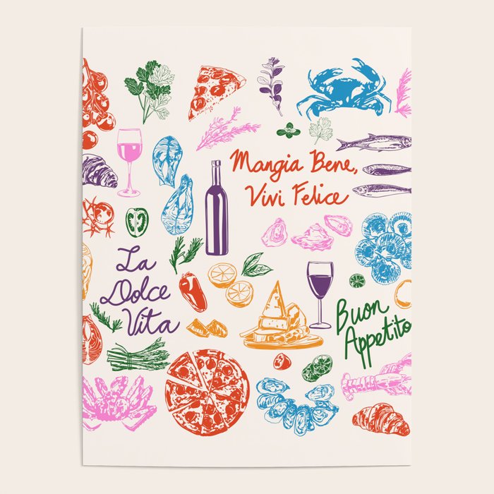 La Dolce Vita Italian Food Doodles Illustration Poster Gallery Image 1