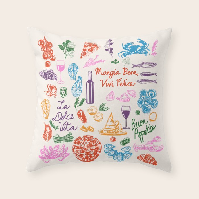 La Dolce Vita Italian Food Doodles Illustration Throw Pillow Gallery Image 1