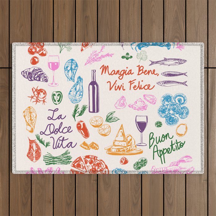 La Dolce Vita Italian Food Doodles Illustration Outdoor Rug Gallery Image 1