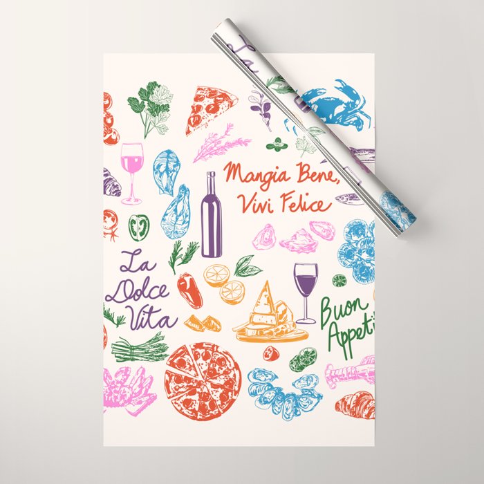 La Dolce Vita Italian Food Doodles Illustration Wrapping Paper Gallery Image 1