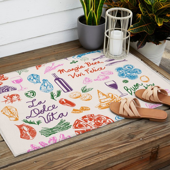 La Dolce Vita Italian Food Doodles Illustration Outdoor Rug Gallery Image 2