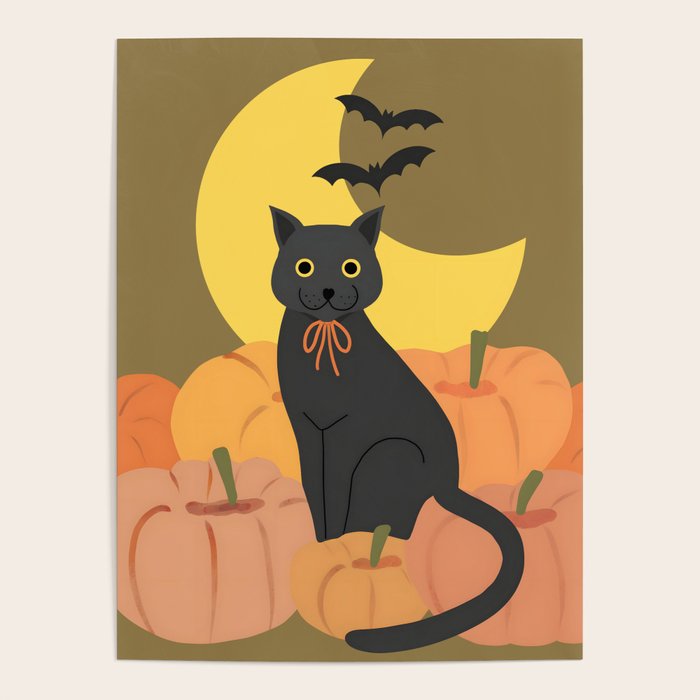 Cute Halloween Black Cat with Pumpkins and Bats Poster Gallery Image 4