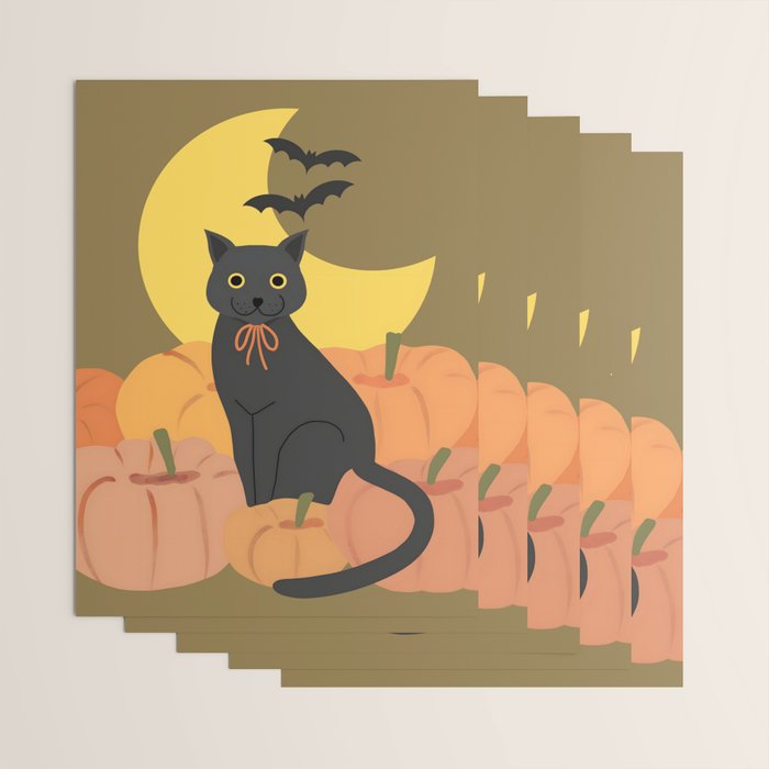 Cute Halloween Black Cat with Pumpkins and Bats Wrapping Paper Gallery Image 3