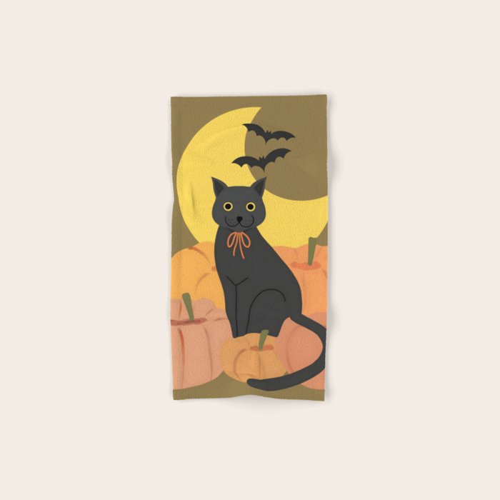 Cute Halloween Black Cat with Pumpkins and Bats Bath Towel Gallery Image 1