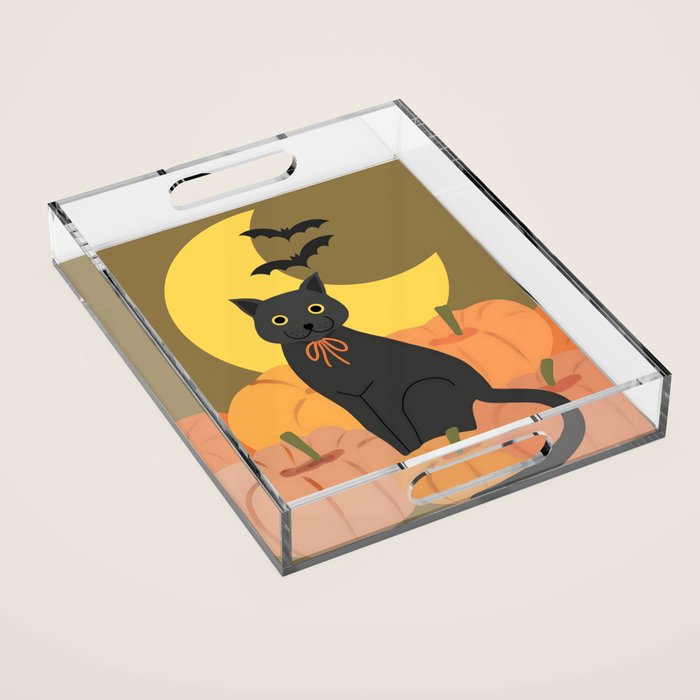 Cute Halloween Black Cat with Pumpkins and Bats Acrylic Tray Gallery Image 1