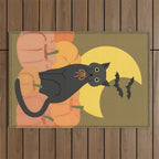 Cute Halloween Black Cat with Pumpkins and Bats Outdoor Rug Gallery Image 1