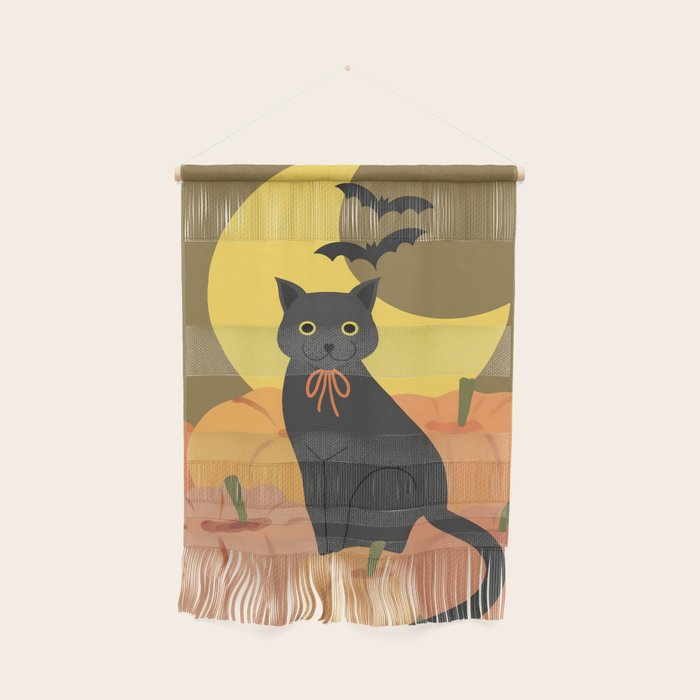 Cute Halloween Black Cat with Pumpkins and Bats Wall Hanging Gallery Image 1