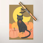 Cute Halloween Black Cat with Pumpkins and Bats Wrapping Paper Gallery Image 1