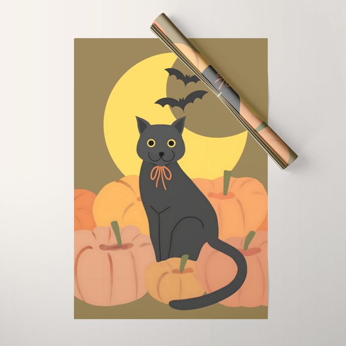 Cute Halloween Black Cat with Pumpkins and Bats Wrapping Paper Gallery Image 1
