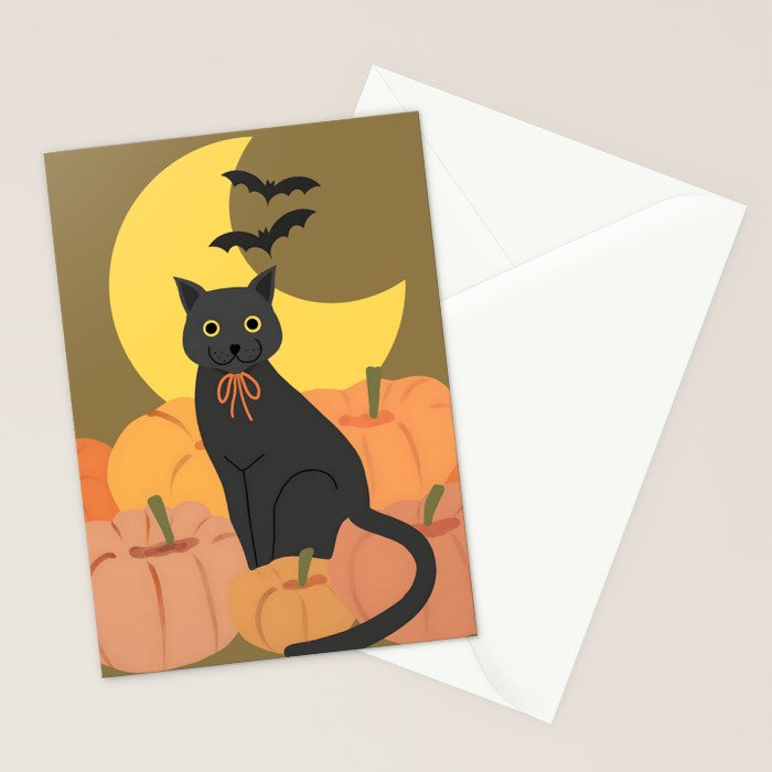 Cute Halloween Black Cat with Pumpkins and Bats Stationery Card Gallery Image 2