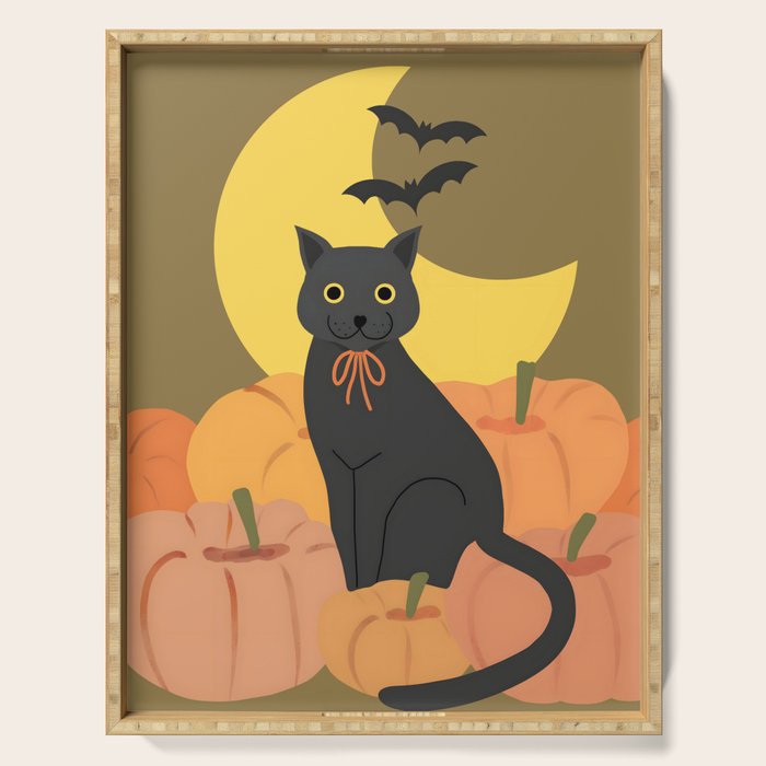 Cute Halloween Black Cat with Pumpkins and Bats Serving Tray Gallery Image 1