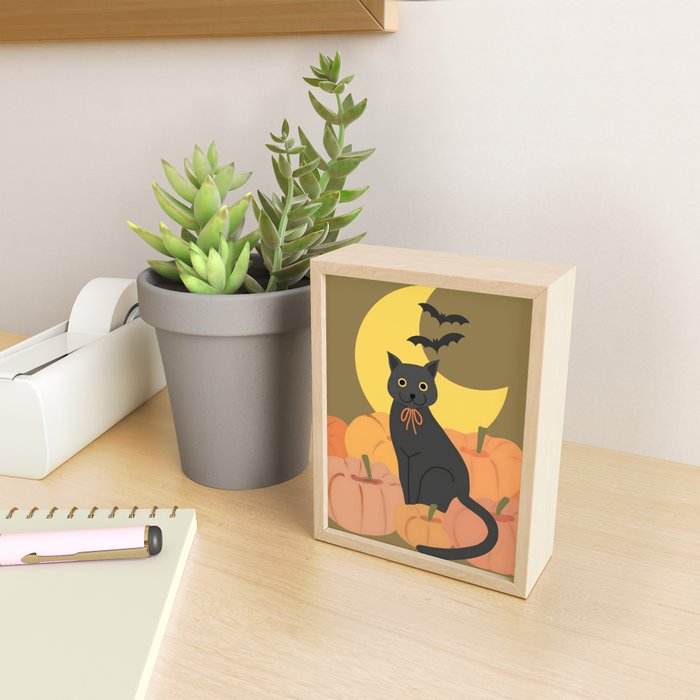 Cute Halloween Black Cat with Pumpkins and Bats Mini Art Print Gallery Image 2