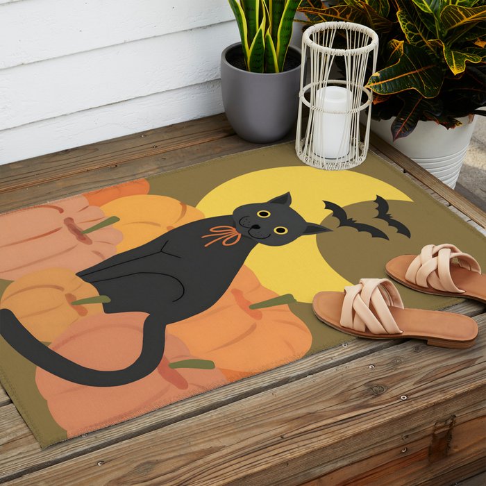 Cute Halloween Black Cat with Pumpkins and Bats Outdoor Rug Gallery Image 2