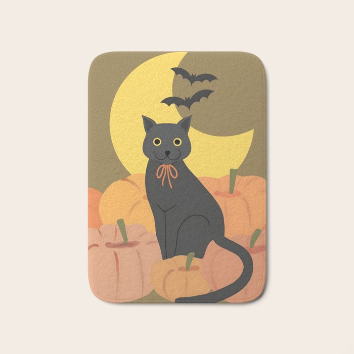 Cute Halloween Black Cat with Pumpkins and Bats Bath Mat Gallery Image 1