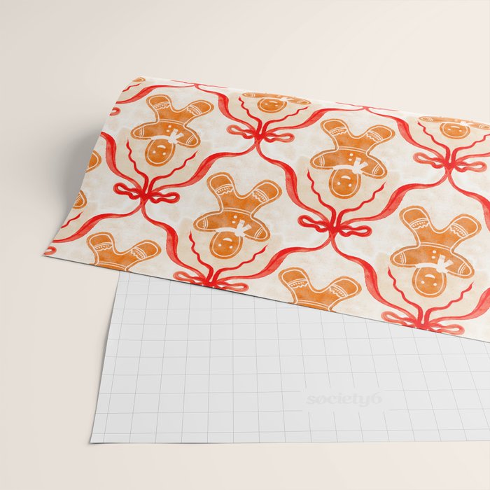 Festive Gingerbread Men and Red Bows Christmas Pattern Wrapping Paper Gallery Image 2