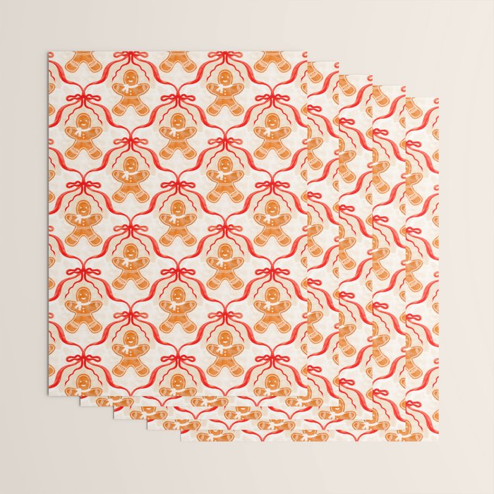 Festive Gingerbread Men and Red Bows Christmas Pattern Wrapping Paper Gallery Image 3