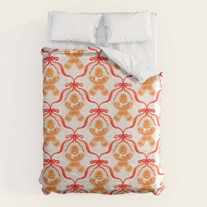 Festive Gingerbread Men and Red Bows Christmas Pattern Duvet Cover Gallery Image 1