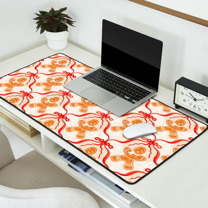 Festive Gingerbread Men and Red Bows Christmas Pattern Desk Mat Gallery Image 2