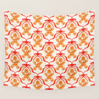 Festive Gingerbread Men and Red Bows Christmas Pattern Wall Tapestry Gallery Image 4