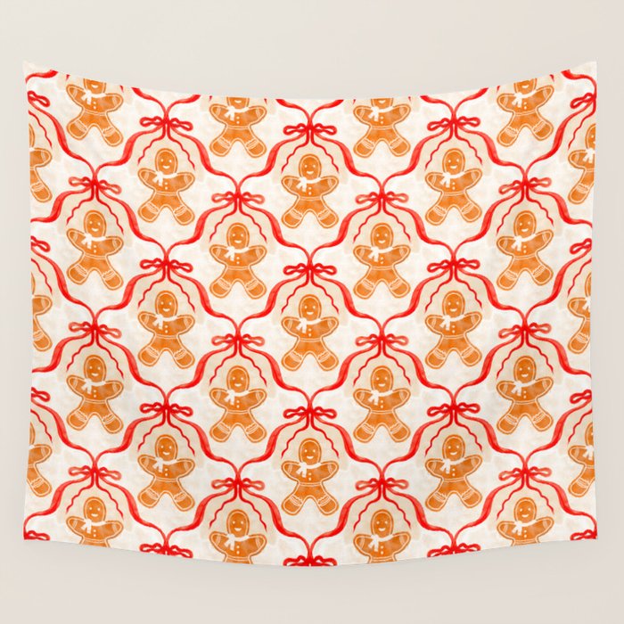 Festive Gingerbread Men and Red Bows Christmas Pattern Wall Tapestry Gallery Image 4