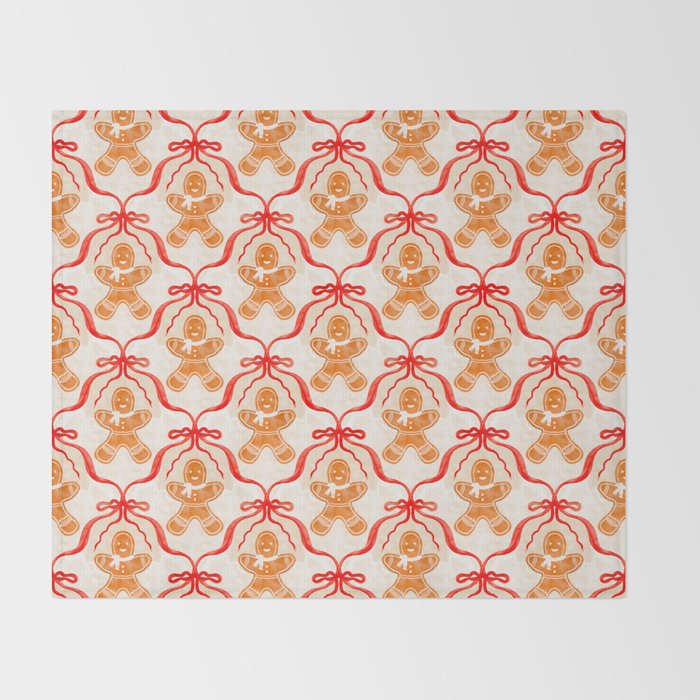 Festive Gingerbread Men and Red Bows Christmas Pattern Throw Blanket Gallery Image 2
