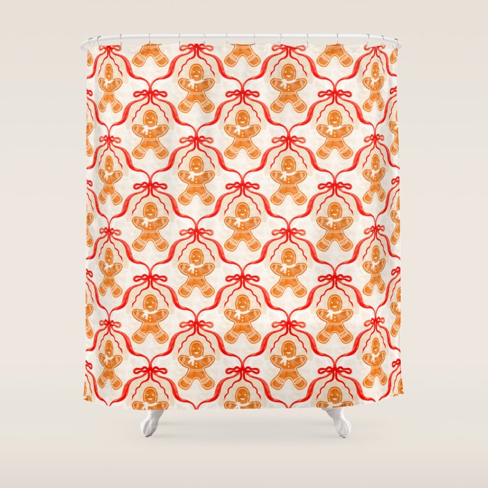 Festive Gingerbread Men and Red Bows Christmas Pattern Shower Curtain Gallery Image 1